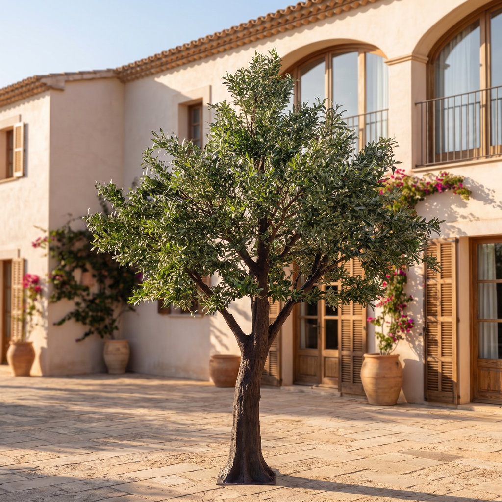 Large artificial olive tree in a Mediterranean hotel courtyard