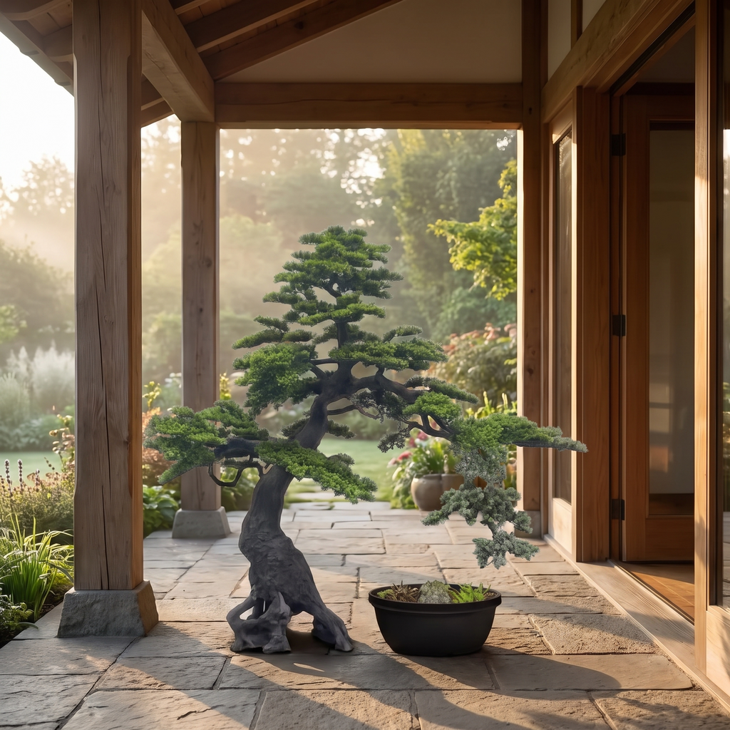 Artificial faux cedar pine tree on a covered veranda
