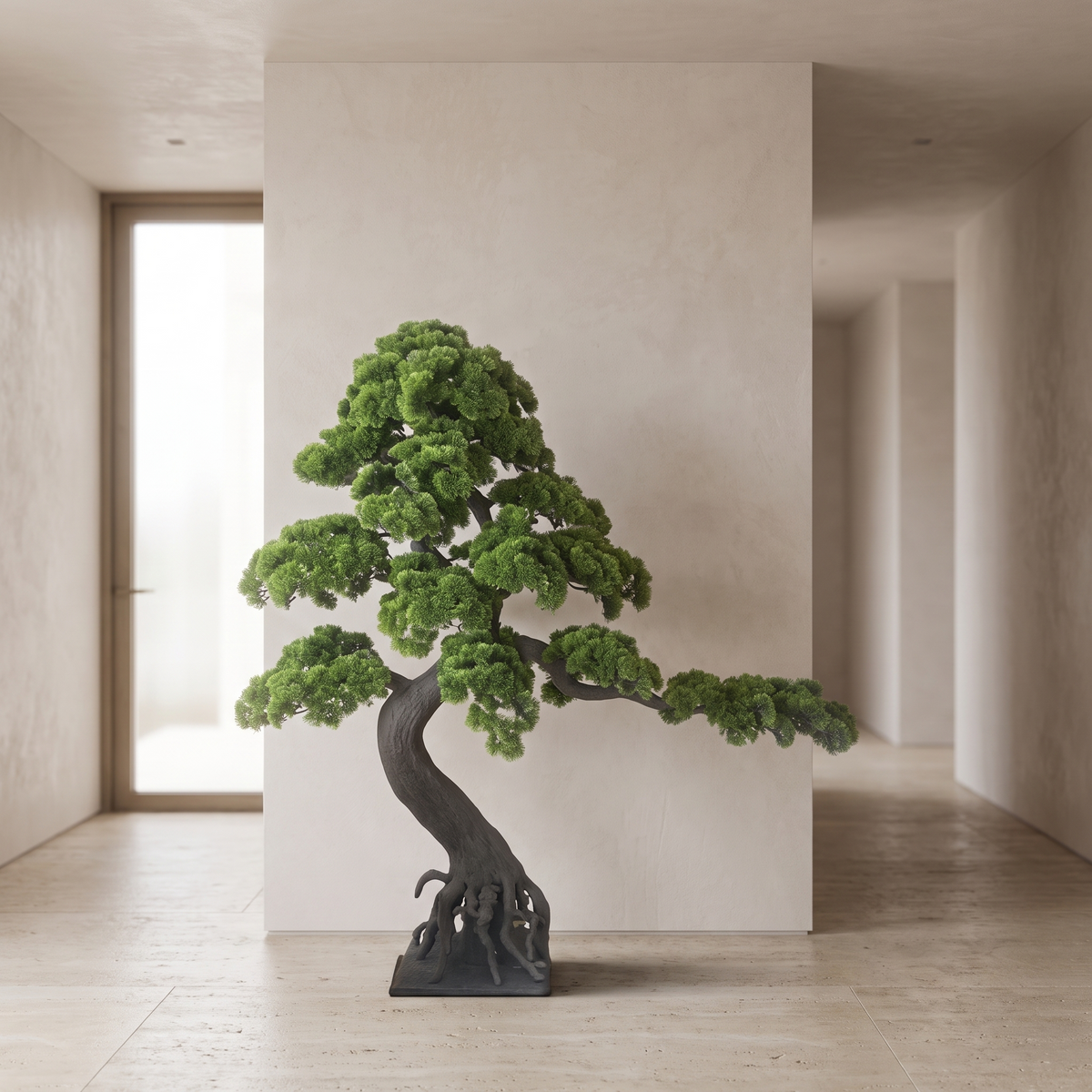 Artificial cedar pine tree in an indoor lobby