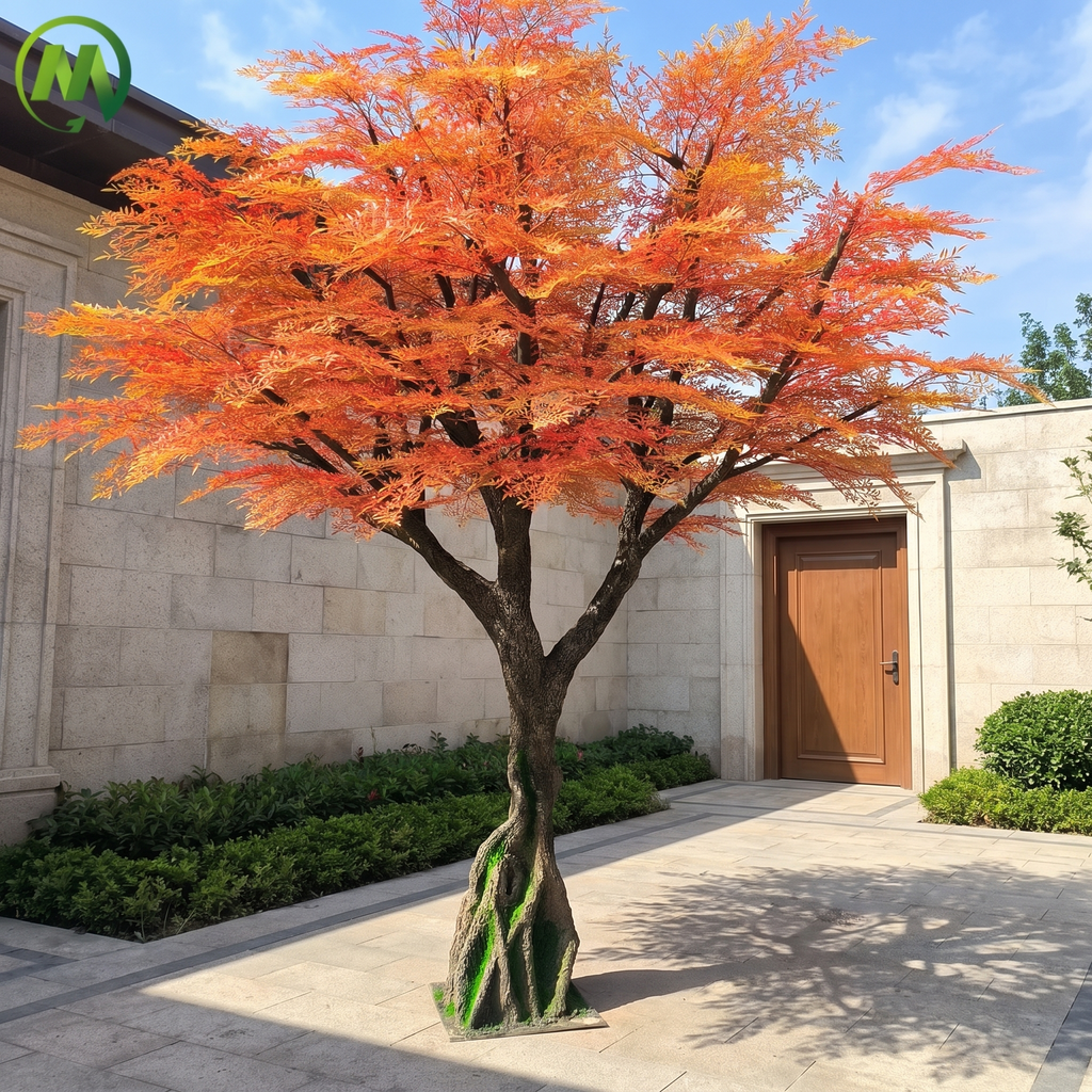 Realistic artificial nandina tree in an outdoor entrance forecourt