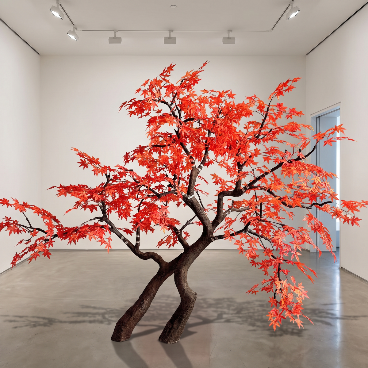 Large scale artificial red maple tree in a gallery interior