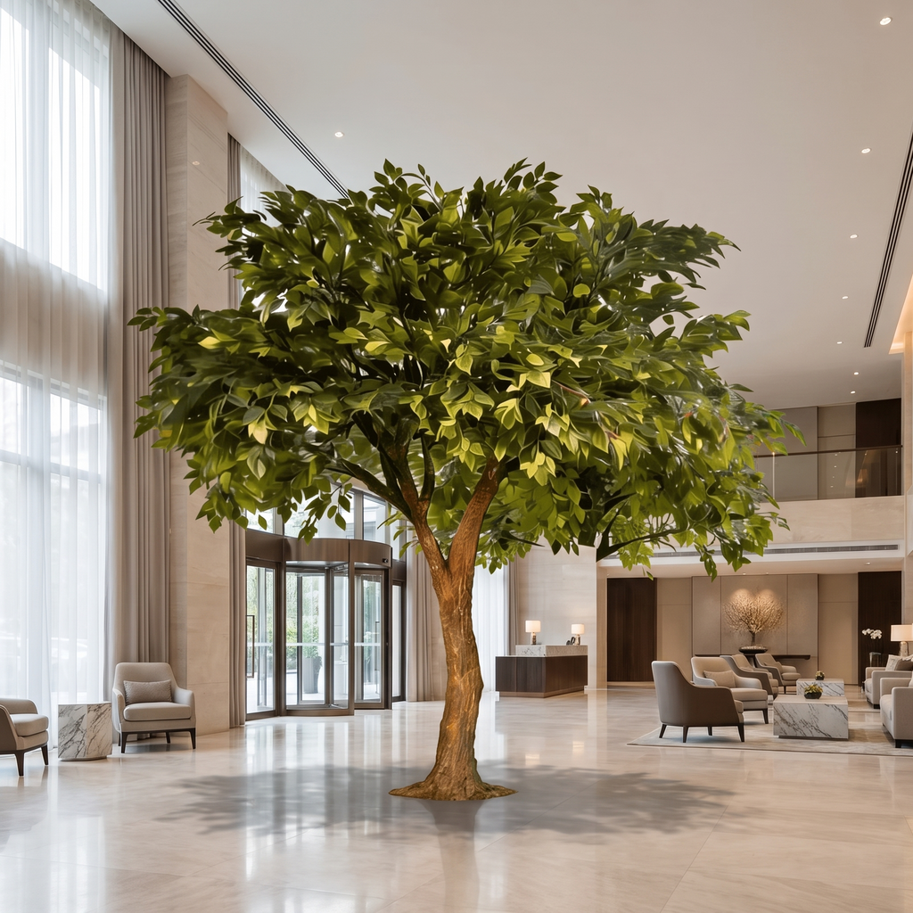 Lifelike artificial banyan ficus tree in a hotel lobby