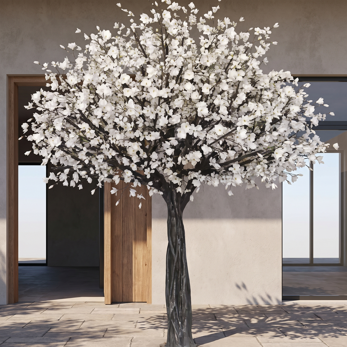 Faux magnolia flower tree on an outdoor entrance terrace