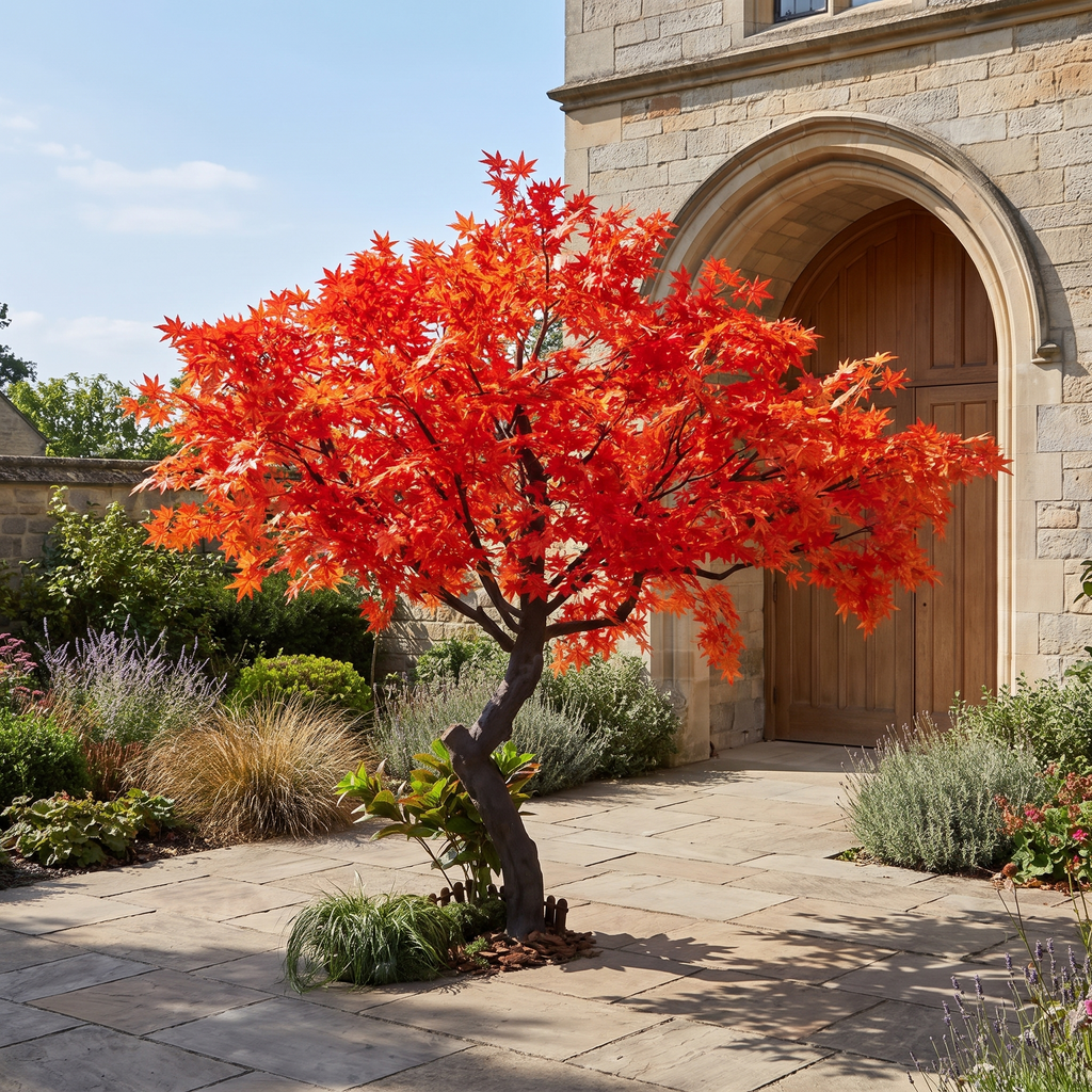 Artificial maple leaf tree in an outdoor landscaped courtyard