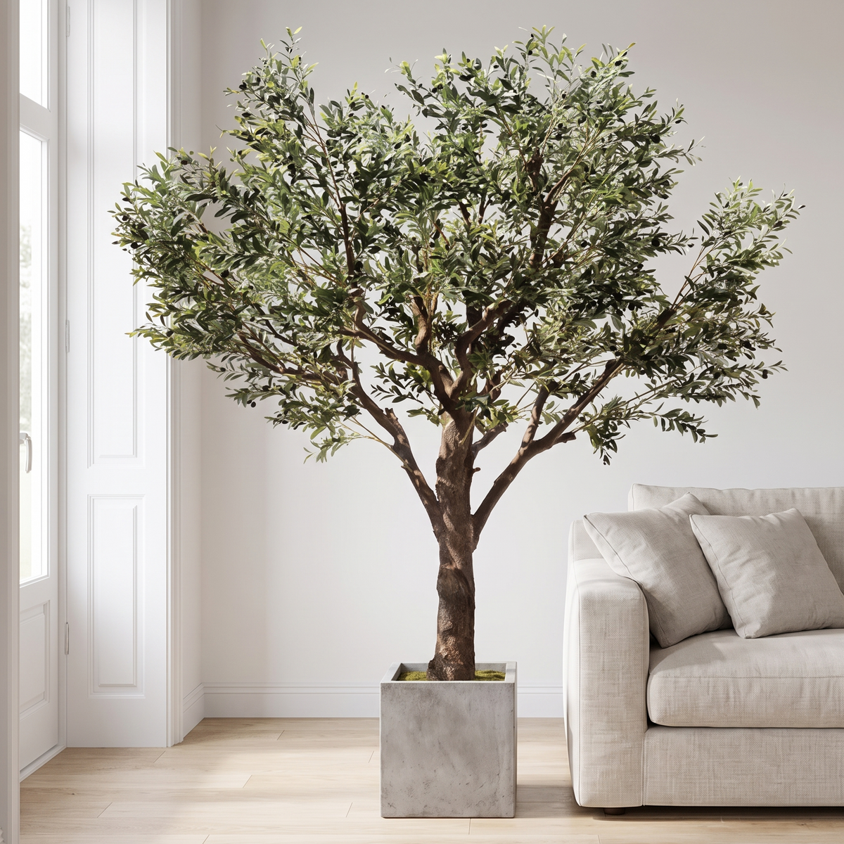Artificial olive tree in a Nordic living room