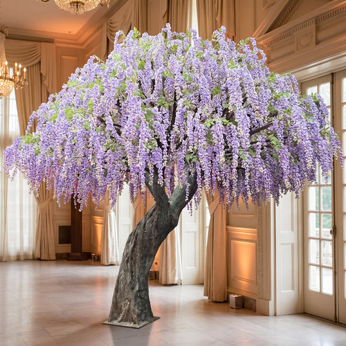 Purple wisteria weeping tree in a grand event hall