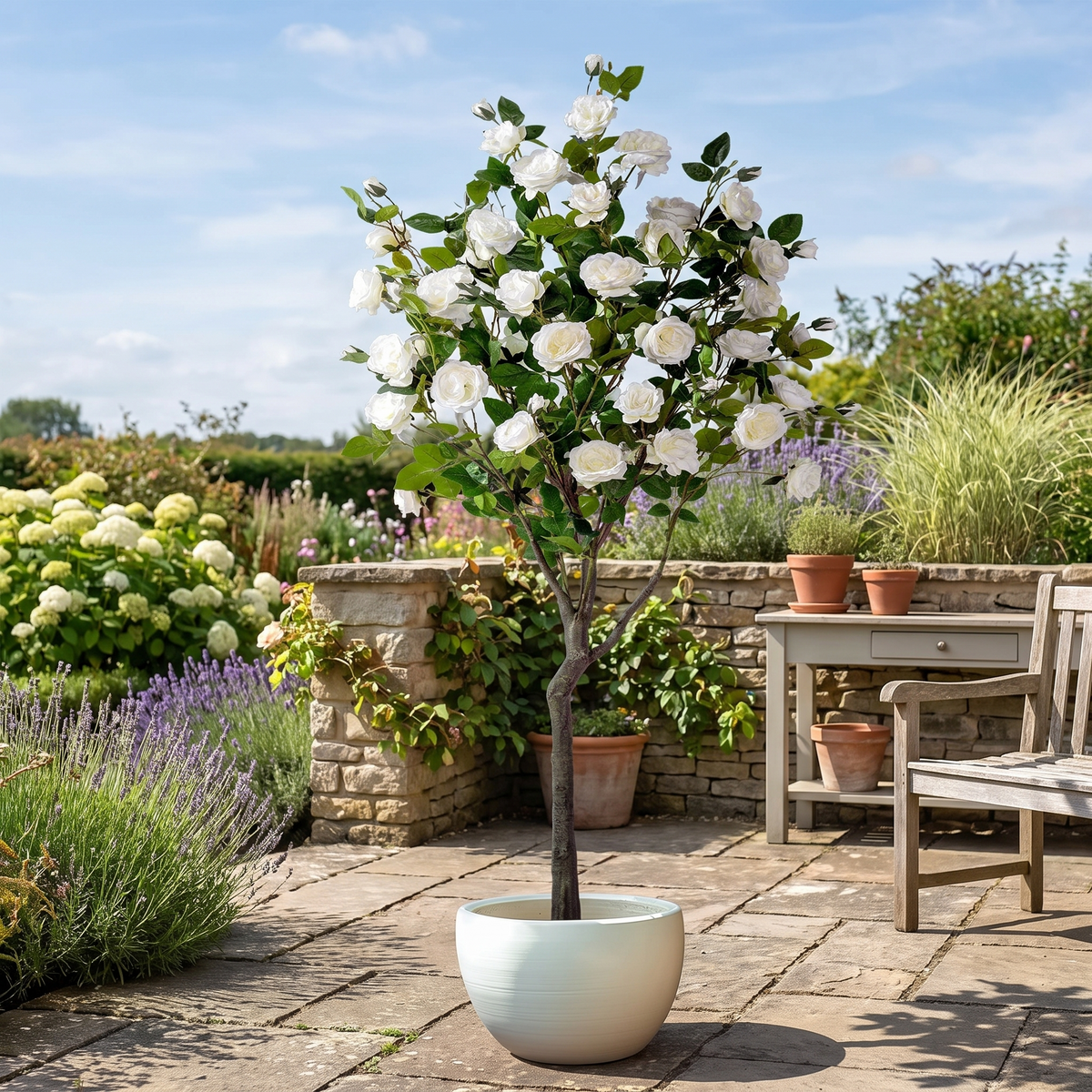 Artificial rose tree on an outdoor garden patio