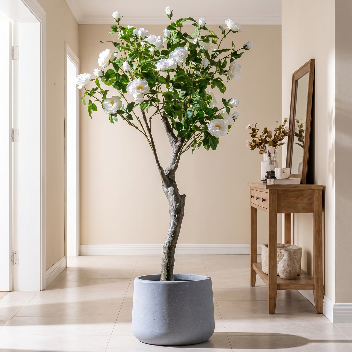 Artificial rose tree in a bright entrance hall