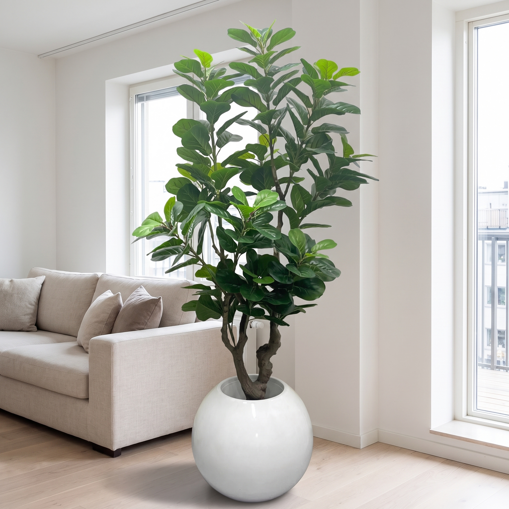 Artificial fiddle leaf fig tree in an apartment living room