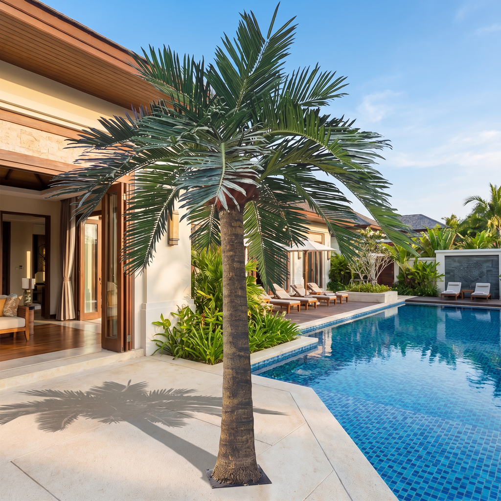 Artificial coconut tree at an outdoor resort poolside