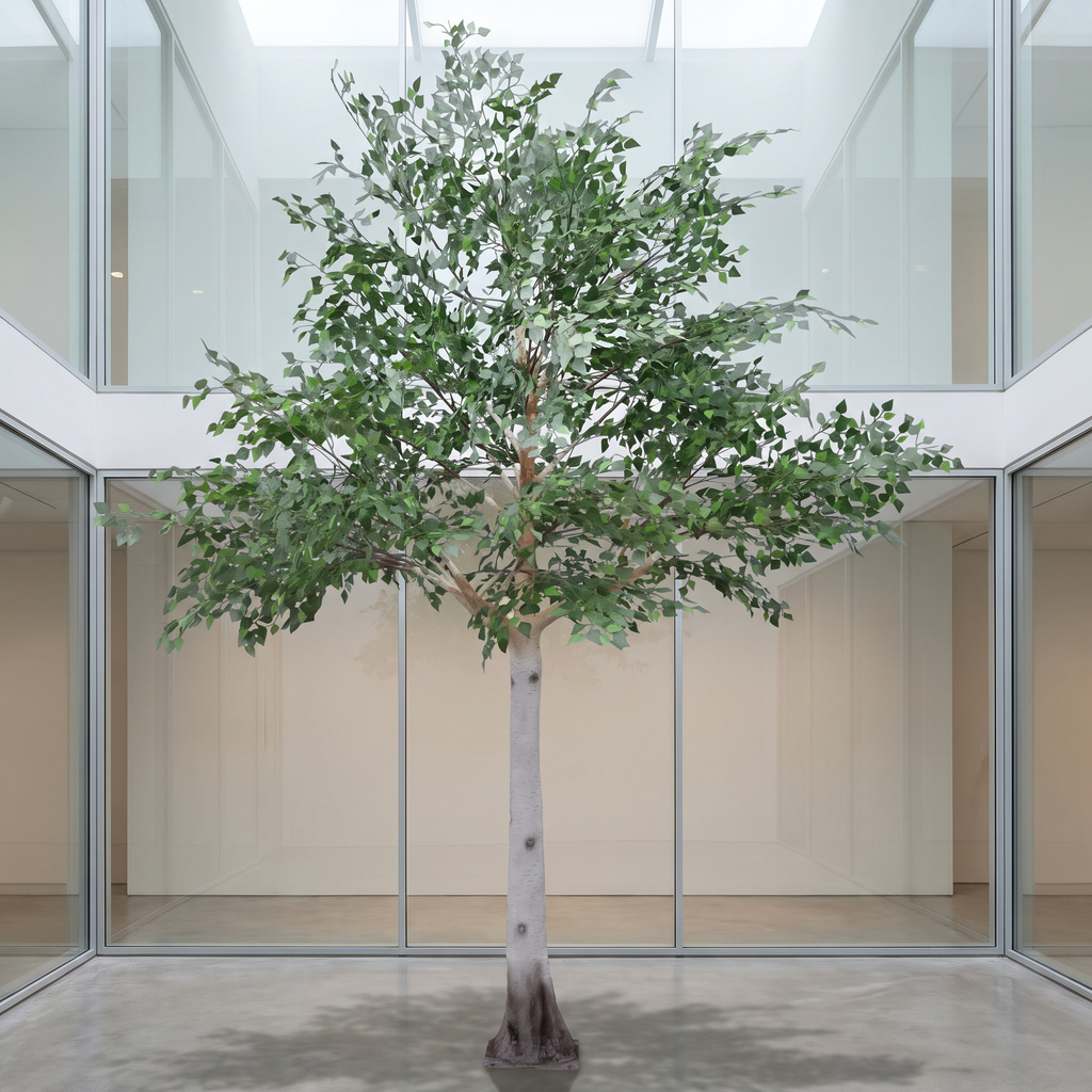 Artificial silver birch tree in a gallery atrium