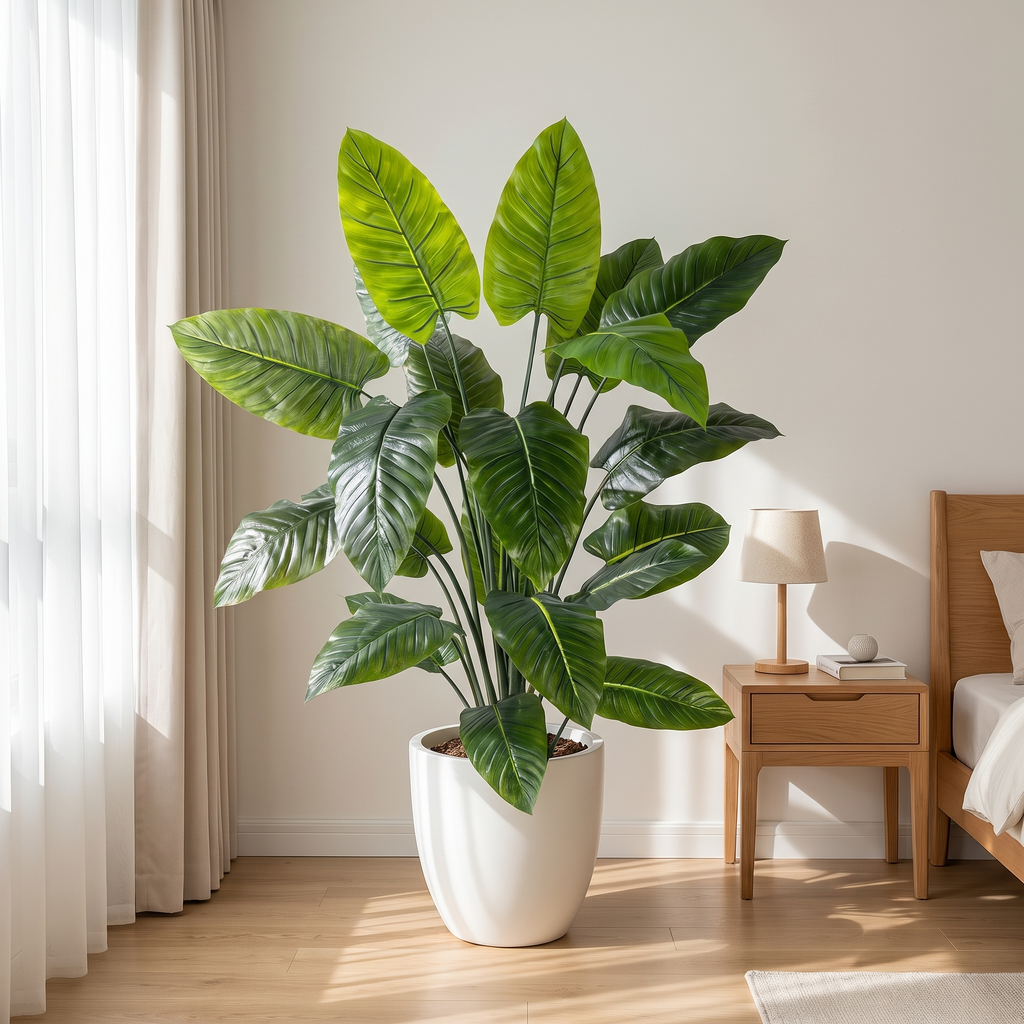 Artificial rainbow taro monstera plant in a bedroom corner