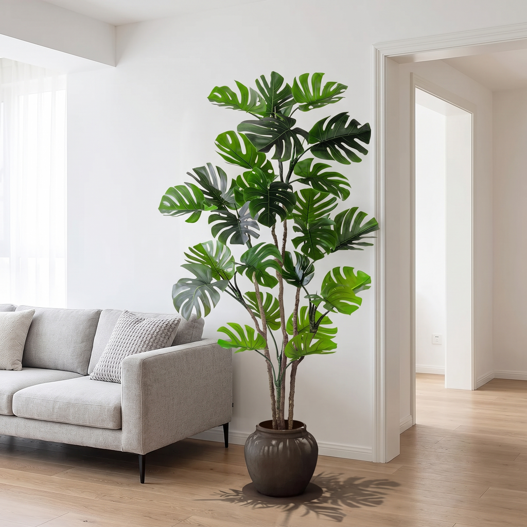 Real touch artificial monstera tree in a modern living room
