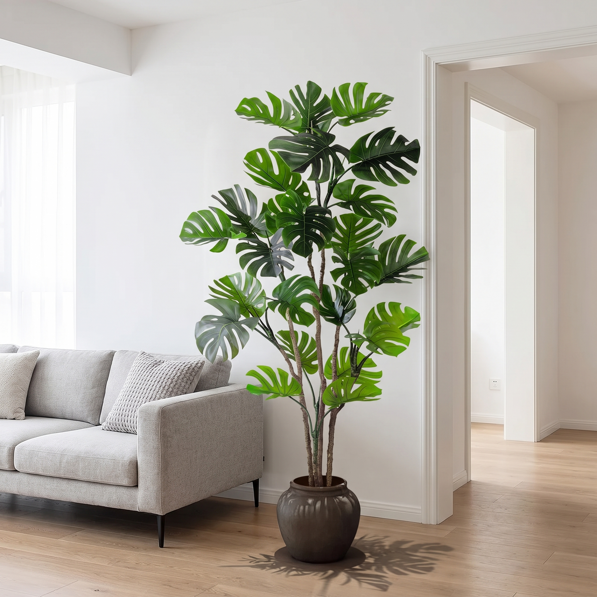 Real touch artificial monstera tree in a modern living room