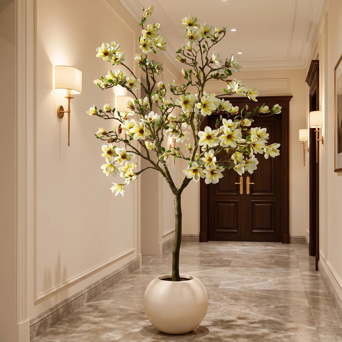 Artificial magnolia tree in a hotel corridor