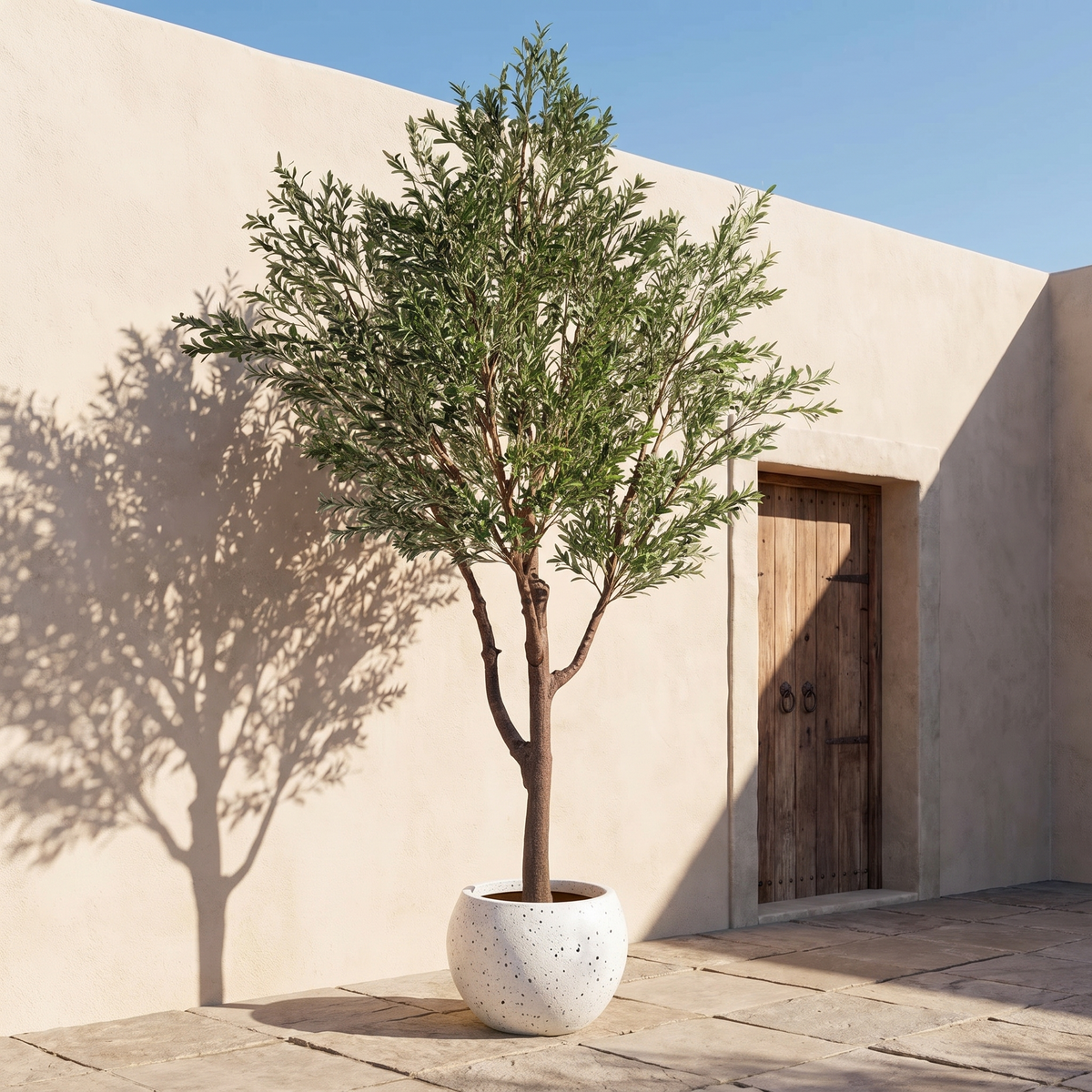 Artificial olive tree in an outdoor Mediterranean courtyard