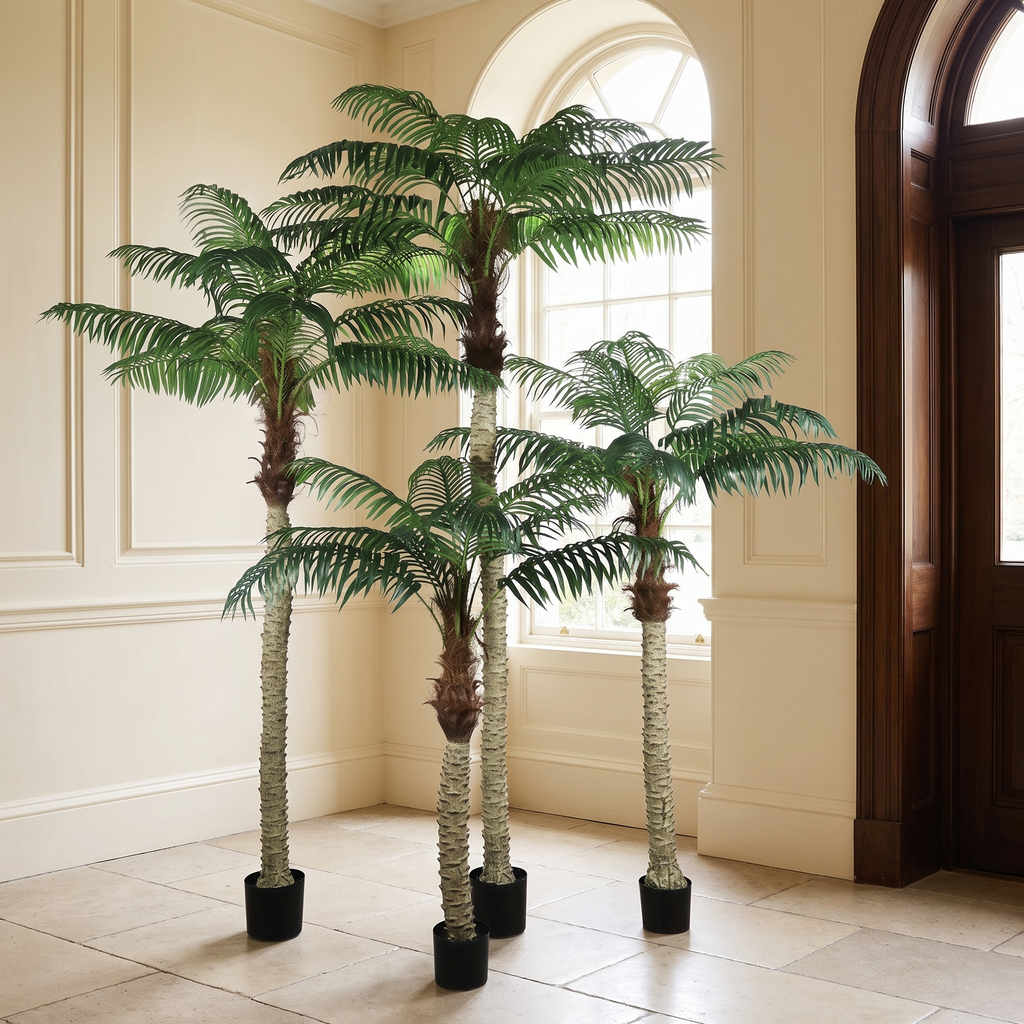 Artificial areca palm tree in a hotel lobby corner