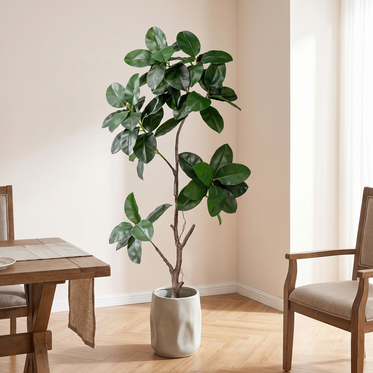 UV resistant artificial silk fig tree in a dining room corner