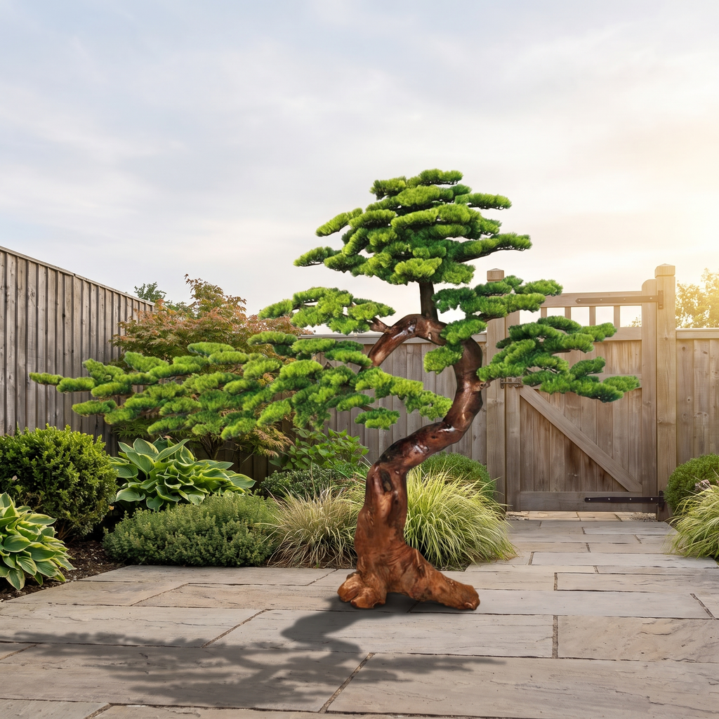New Chinese artificial welcome pine tree in a landscaped garden