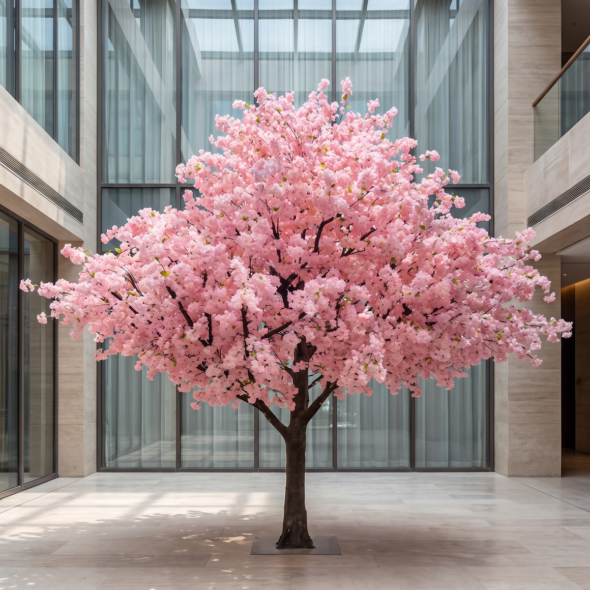 Large artificial cherry blossom tree in a grand atrium