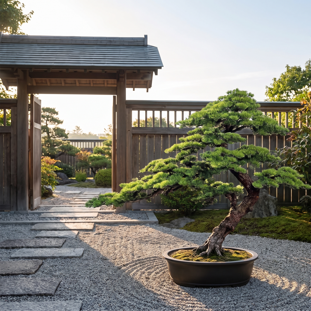 Artificial Japanese style pine tree in an outdoor Japanese garden