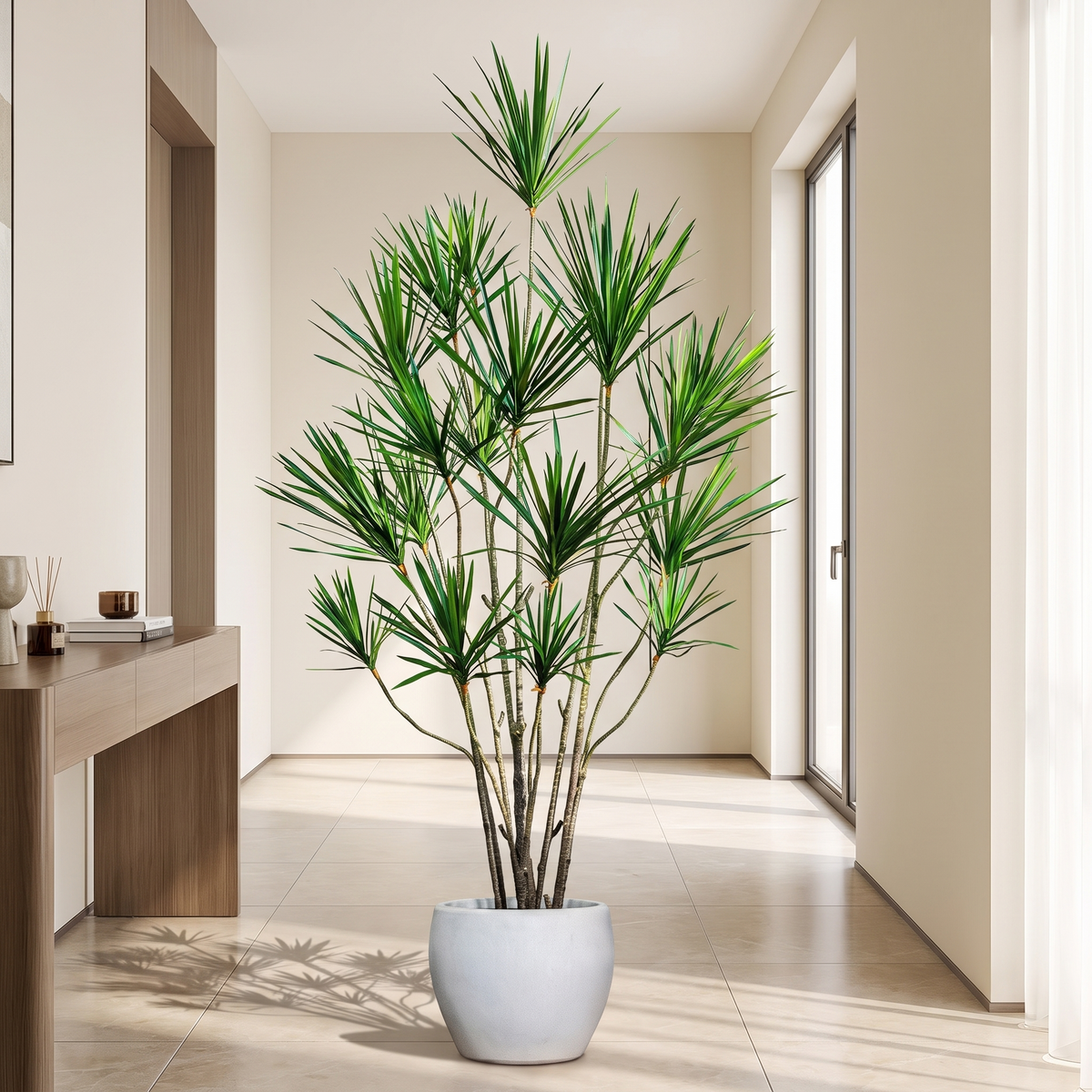 Artificial dracaena yucca tree in an apartment hallway