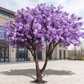 Artificial blue jacaranda tree on an outdoor civic plaza