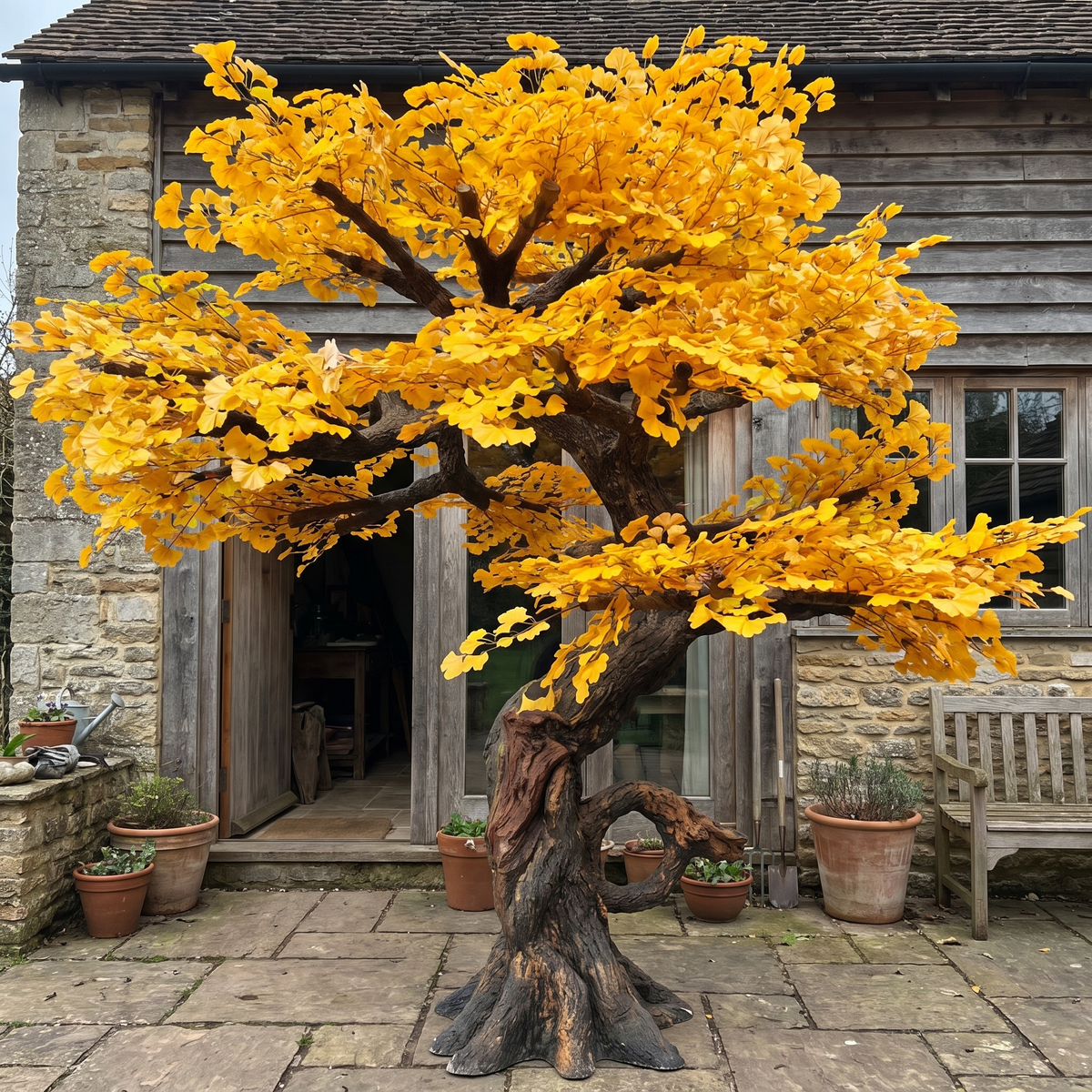Artificial Ginkgo Tree Natural Wood Trunk Indoor Display