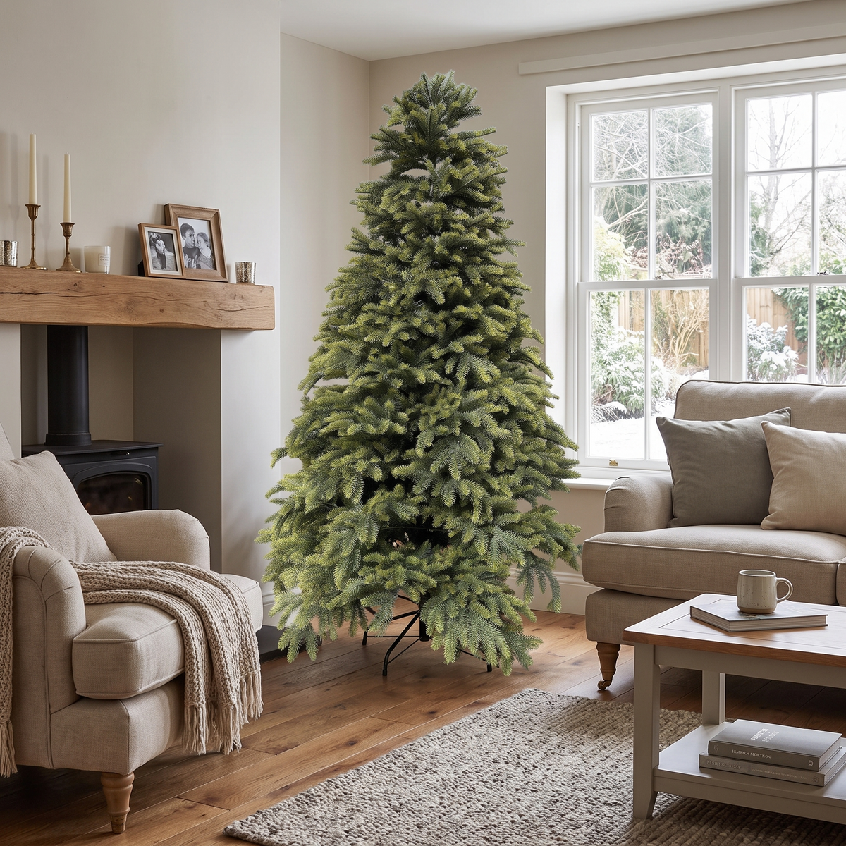 Large artificial Christmas tree shown in an indoor setting