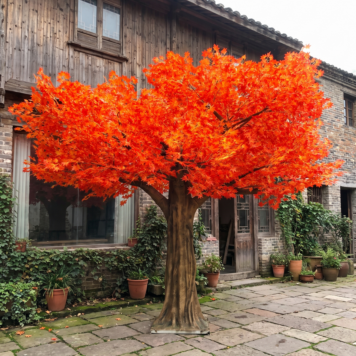 Artificial Autumn Canopy Tree Red Maple Leaves Indoor Use