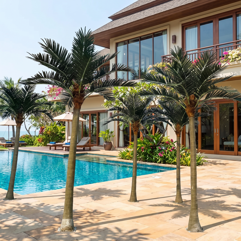 Artificial coconut palm tree with a fiberglass trunk, indoor and outdoor use