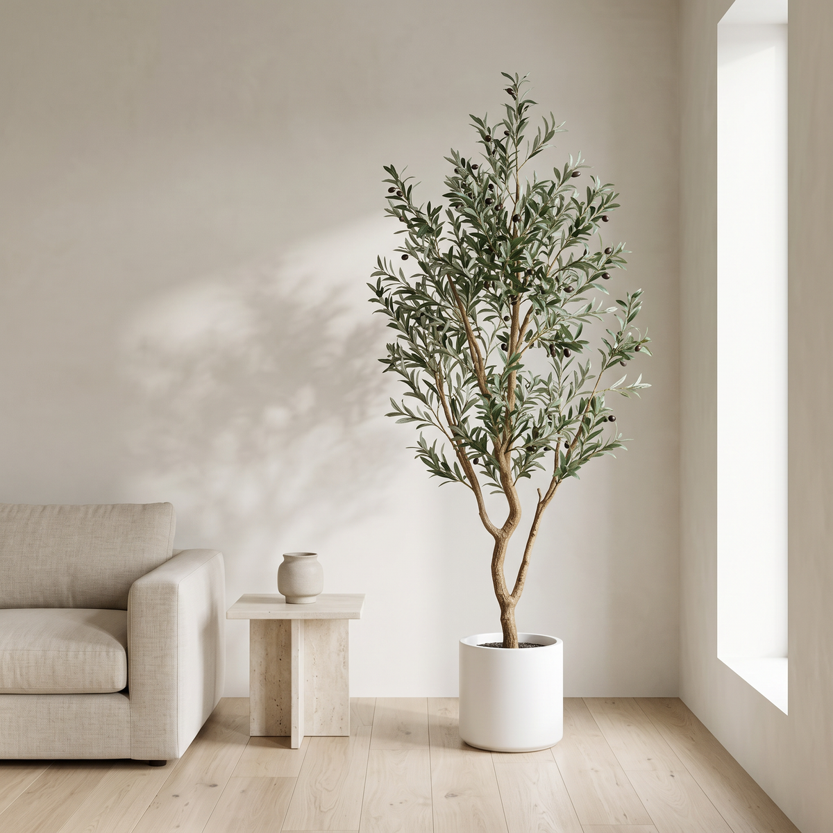 Artificial olive tree with a natural wood trunk