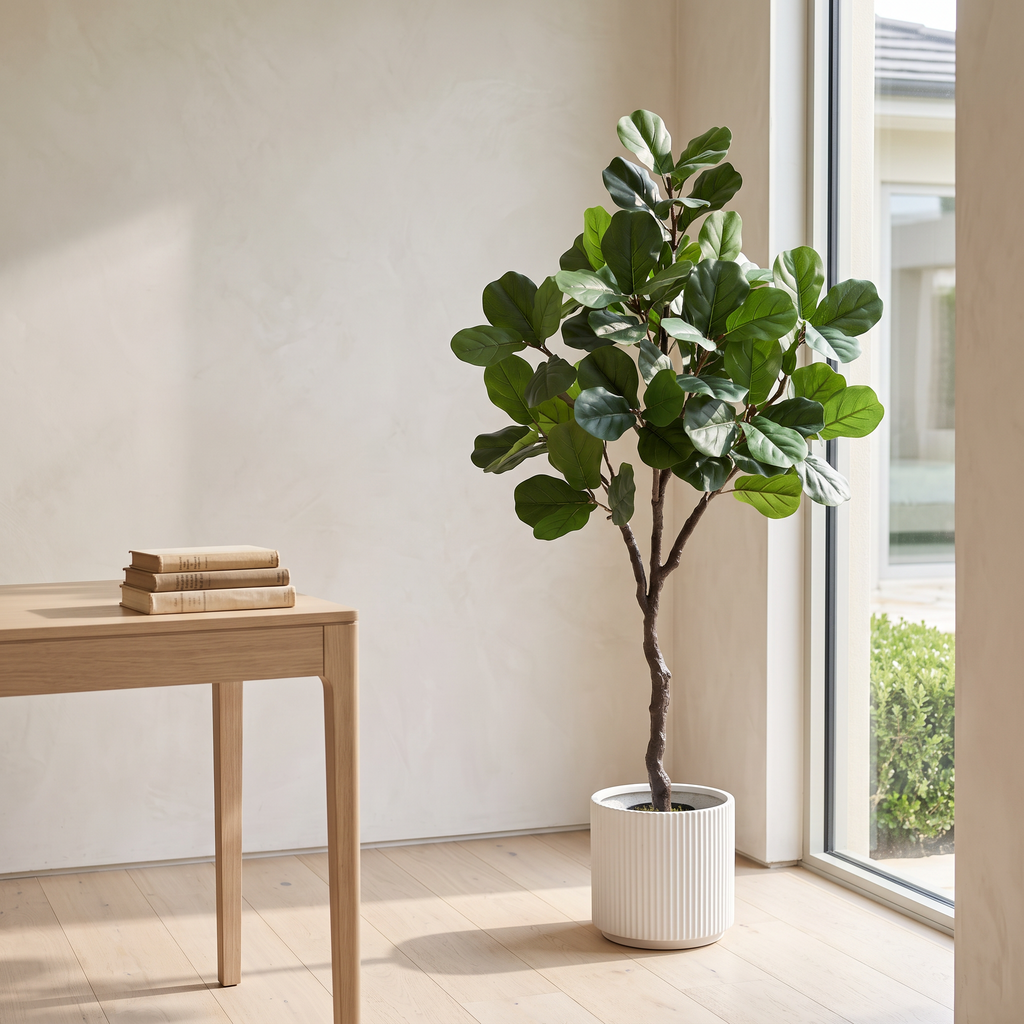 Artificial fiddle leaf fig tree in a black planter with a weighted base