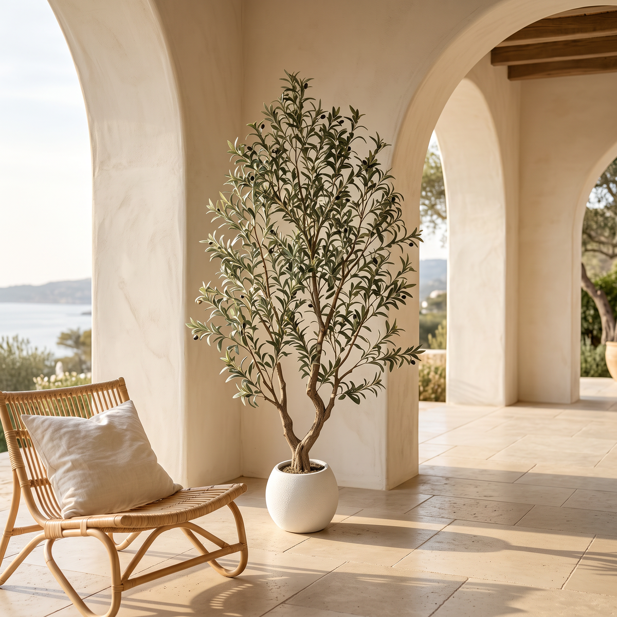 Artificial olive tree with a natural wood trunk, suited to indoor or outdoor display