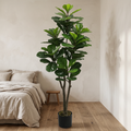 Artificial fiddle leaf fig tree with a textured trunk in a nested grower pot
