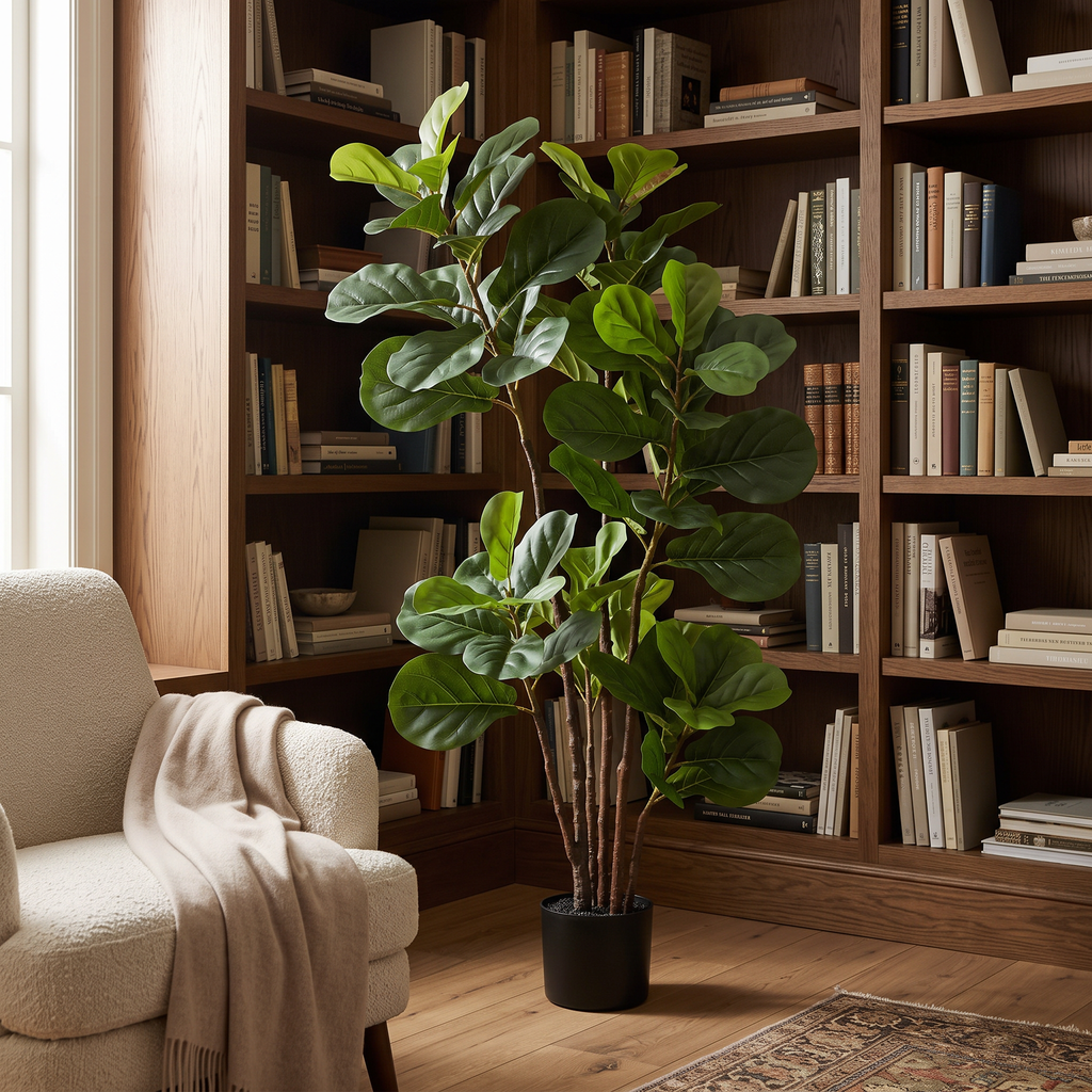 Artificial fiddle leaf fig tree with 72 leaves in a black planter