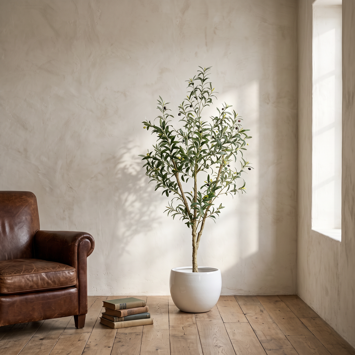Artificial olive tree with silk foliage, counted leaves, and decorative fruit