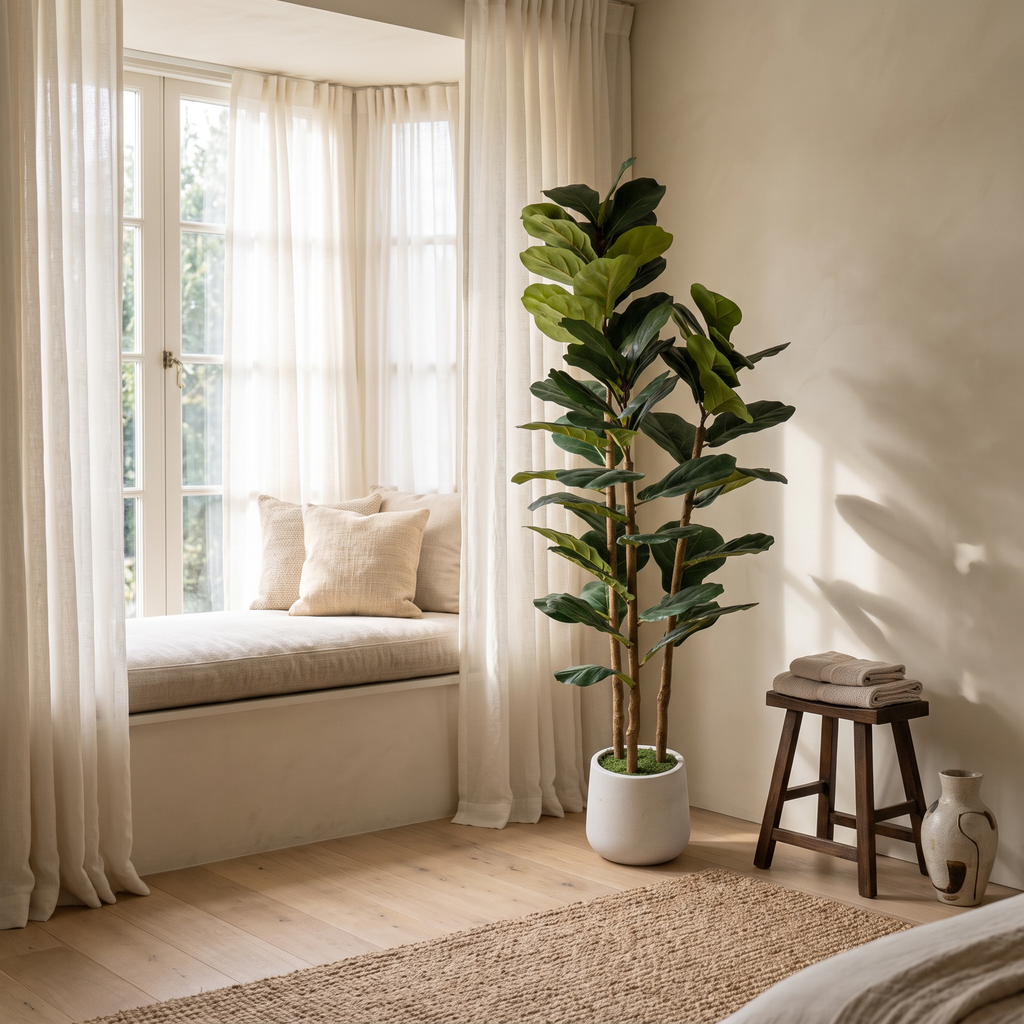 Artificial fiddle leaf fig tree in a white pot topped with moss