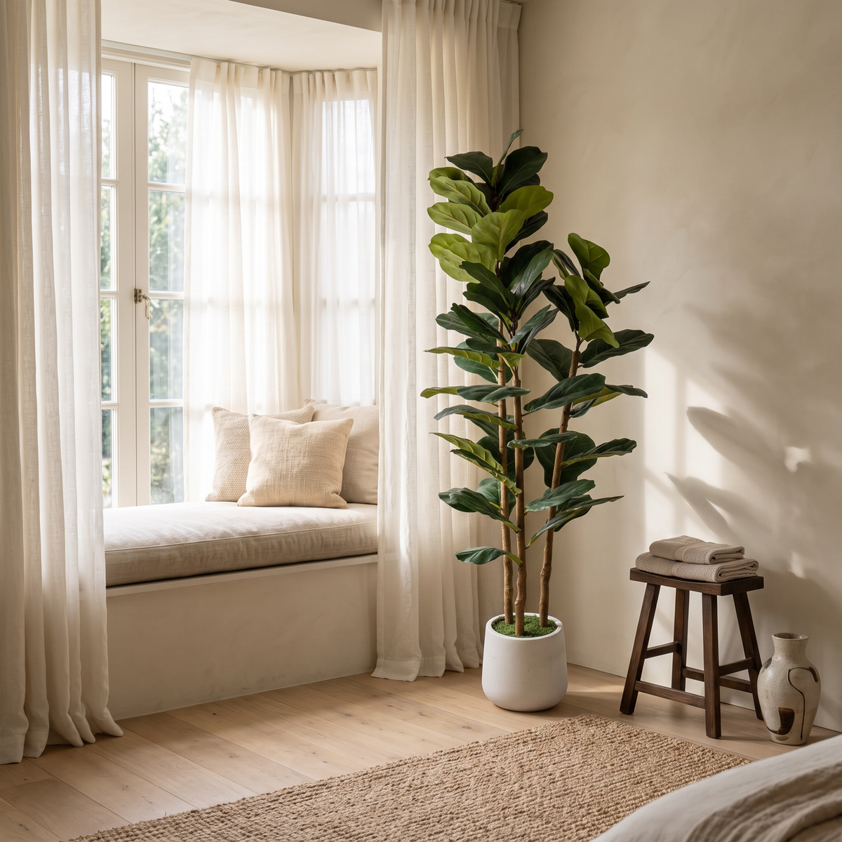 Artificial fiddle leaf fig tree in a white pot topped with moss