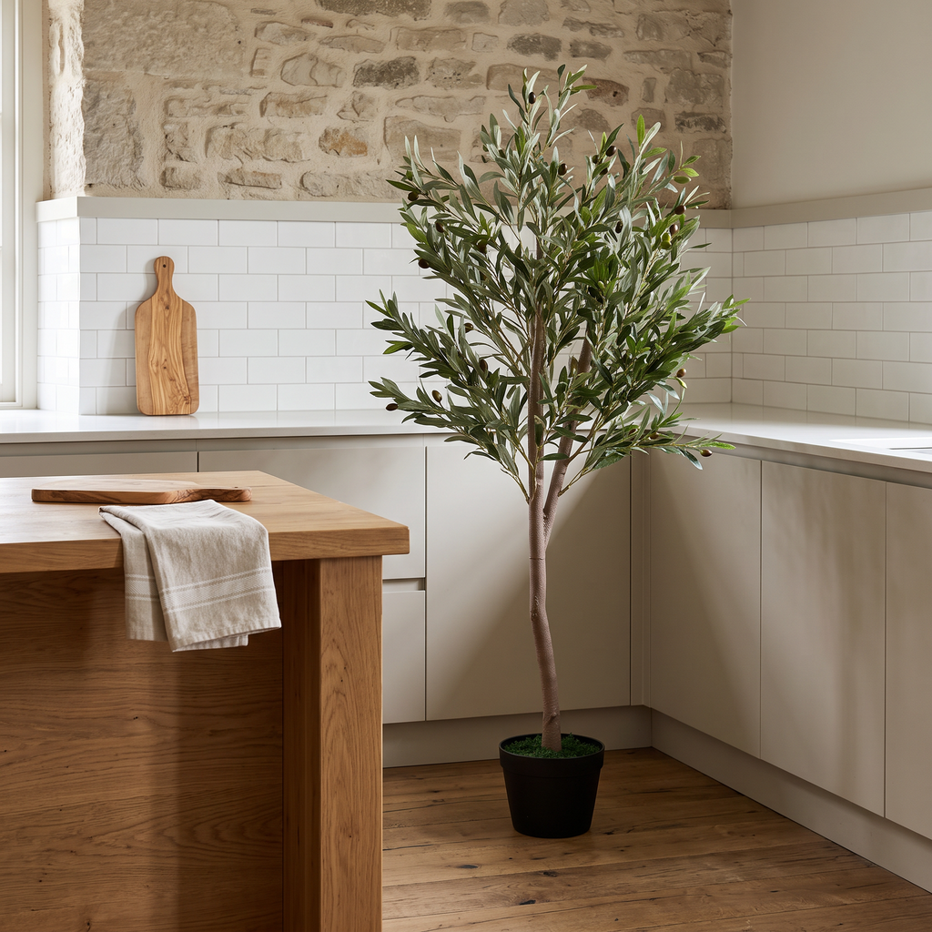 Artificial olive tree with a natural wood trunk and lifelike olive fruit