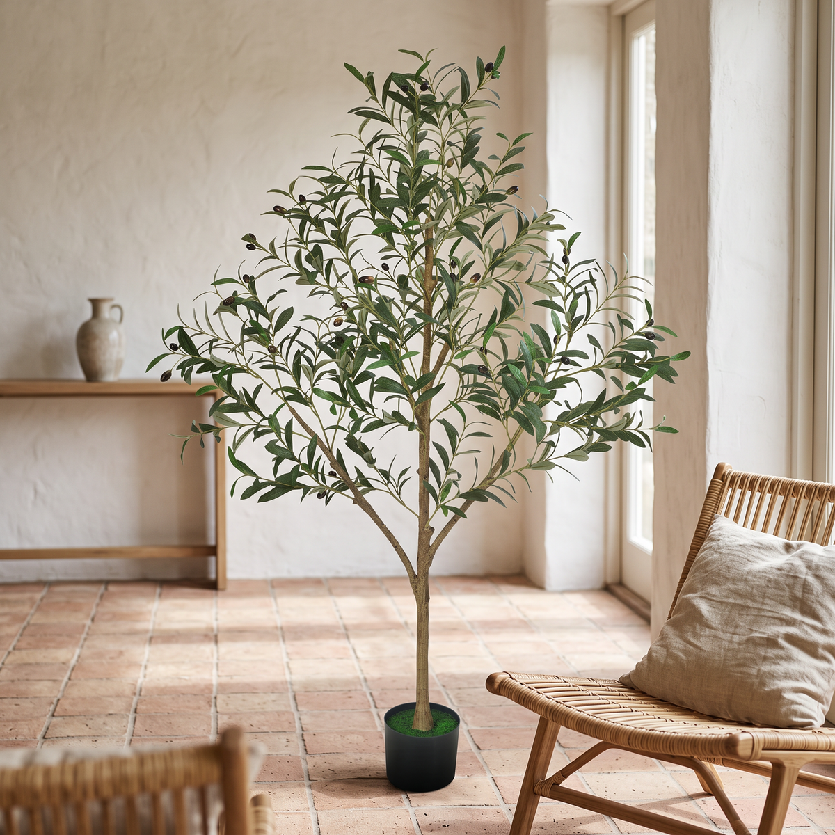 Artificial olive tree with rubber silk foliage in a black pot