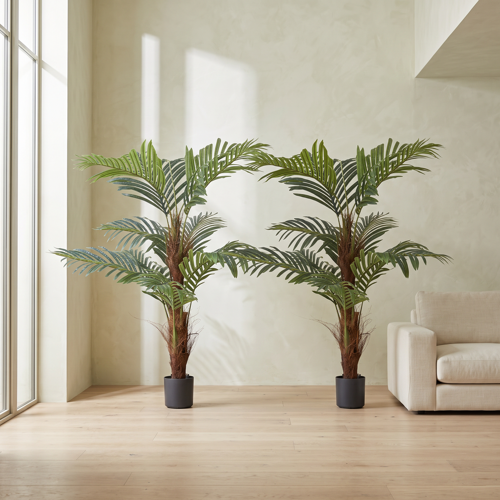 Artificial palm tree with PE foliage on stainless-steel branches