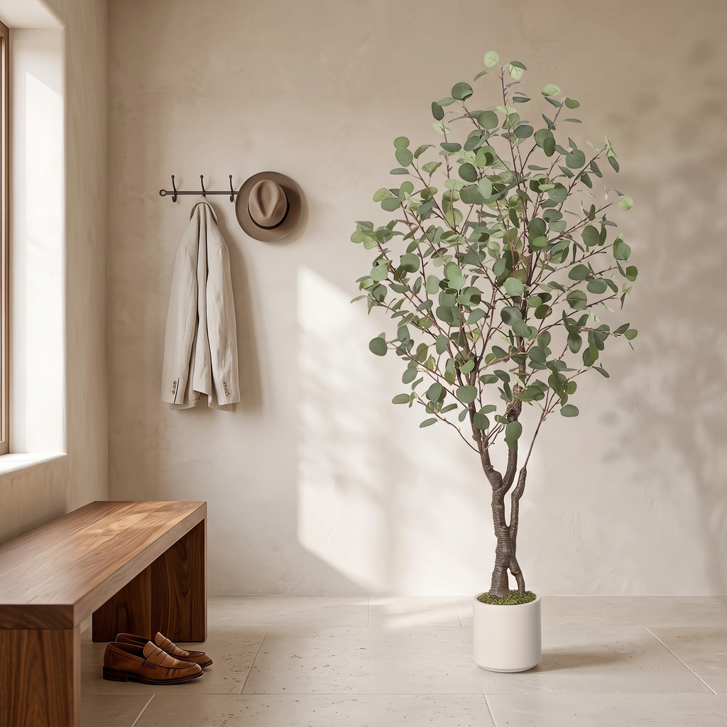 Artificial eucalyptus tree in a white planter topped with faux moss