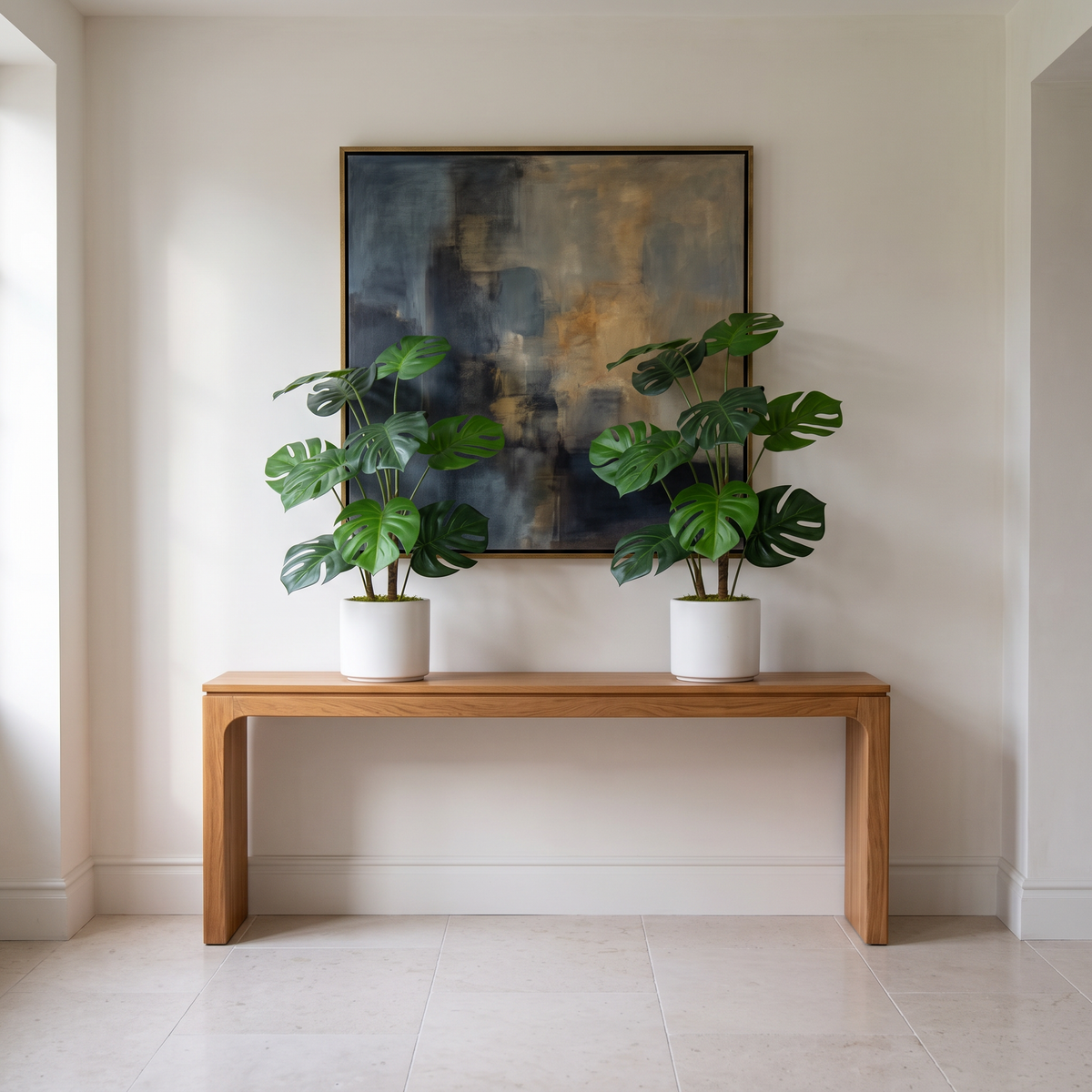 Pair of artificial monstera deliciosa plants in white pots