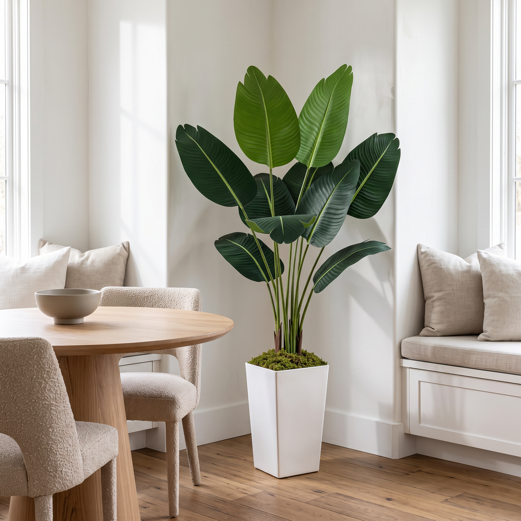 Artificial bird of paradise plant with silk foliage in a white planter