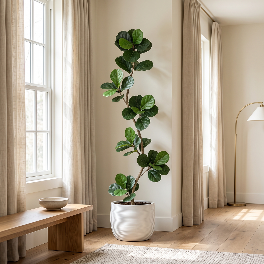 Artificial fiddle leaf fig tree with an S-shaped trunk in a black pot