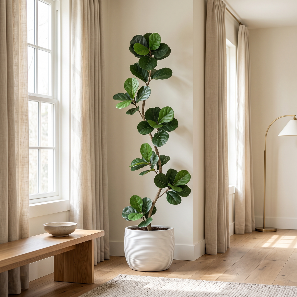 Artificial fiddle leaf fig tree with an S-shaped trunk in a black pot