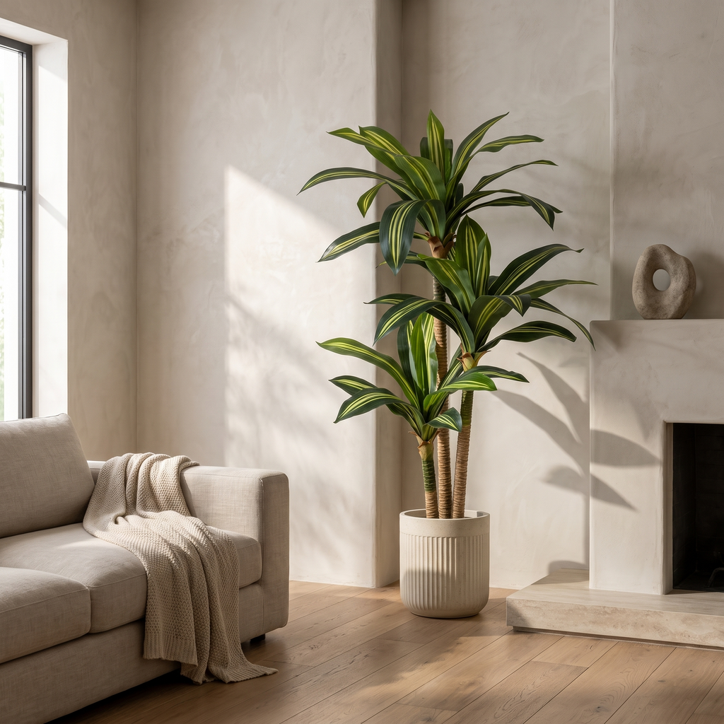 Artificial dracaena tree with a three-stalk trunk design