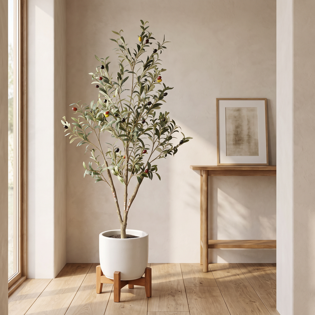Artificial olive tree in a black plastic pot