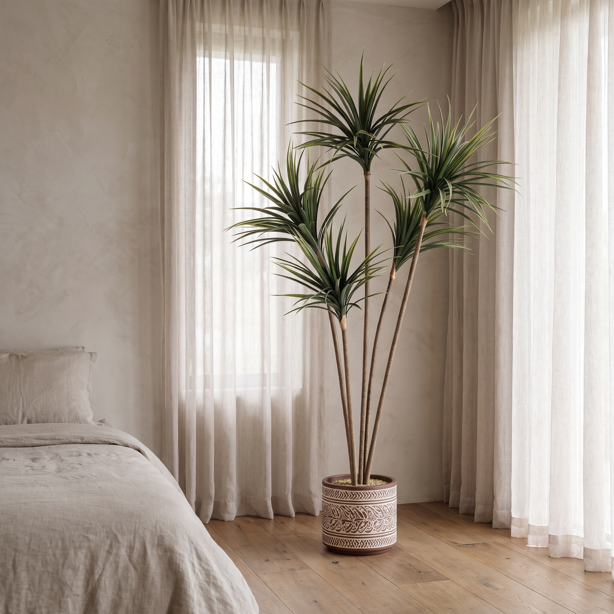 Artificial dracaena marginata tree with slender arching leaves on a weighted base